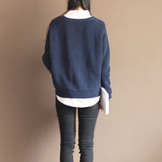 new dark blue solid color cotton knit t shirt vintage loose batwing sleeve sweater tops