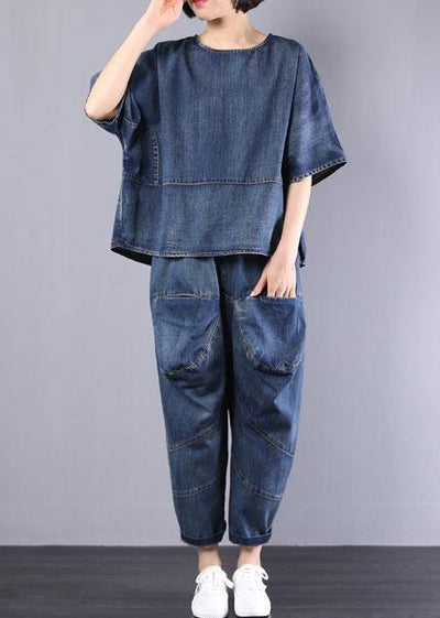 new denim blue cotton short sleeve o neck tops and big pockets pants two pieces - bagstylebliss