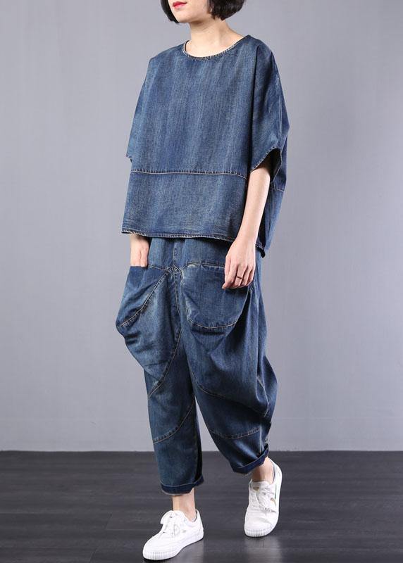 new denim blue cotton short sleeve o neck tops and big pockets pants two pieces - bagstylebliss