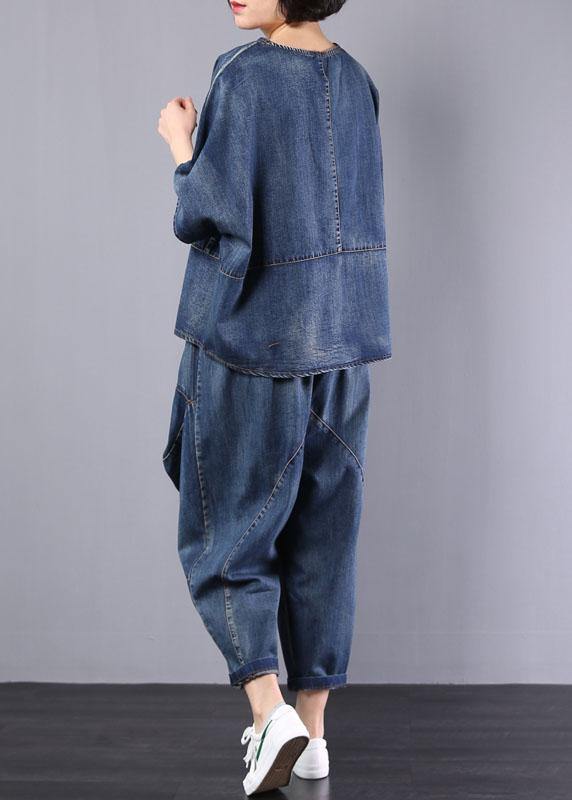 new denim blue cotton short sleeve o neck tops and big pockets pants two pieces - bagstylebliss