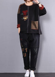 new fall cotton black patchwork blouse with casual harem pants - bagstylebliss