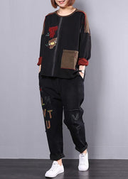 new fall cotton black patchwork blouse with casual harem pants - bagstylebliss