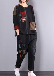 new fall cotton black patchwork blouse with casual harem pants - bagstylebliss