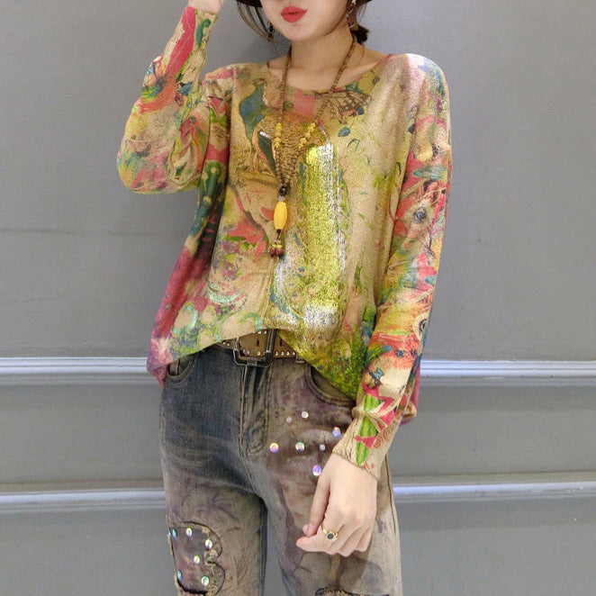 new fashion warm gold phoenix print cotton knit pullover plus size long sleeve casaul women sweater