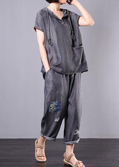 new gray casual vintage cotton two pieces hooded pullover and Appliques elastic waist  pants - bagstylebliss