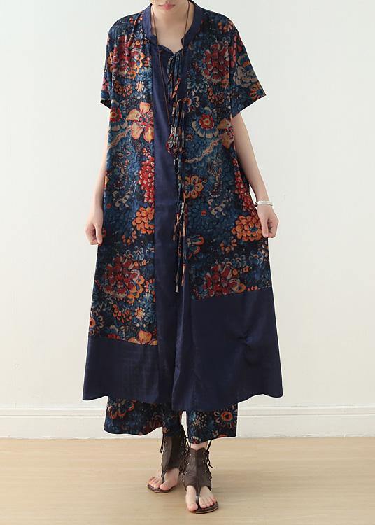 new loose blue retro print pattern v-neck silk cardigan and wide leg pants two-piece - bagstylebliss