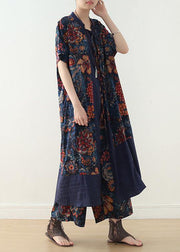 new loose blue retro print pattern v-neck silk cardigan and wide leg pants two-piece - bagstylebliss