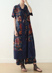 new loose blue retro print pattern v-neck silk cardigan and wide leg pants two-piece - bagstylebliss