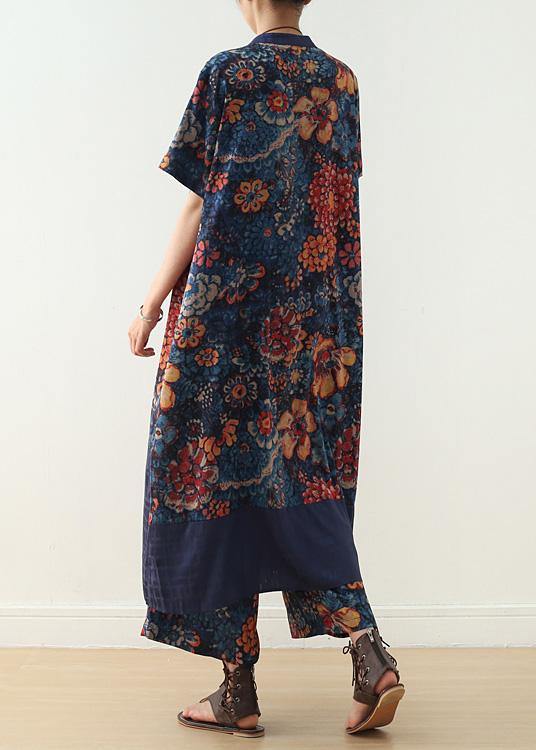 new loose blue retro print pattern v-neck silk cardigan and wide leg pants two-piece - bagstylebliss