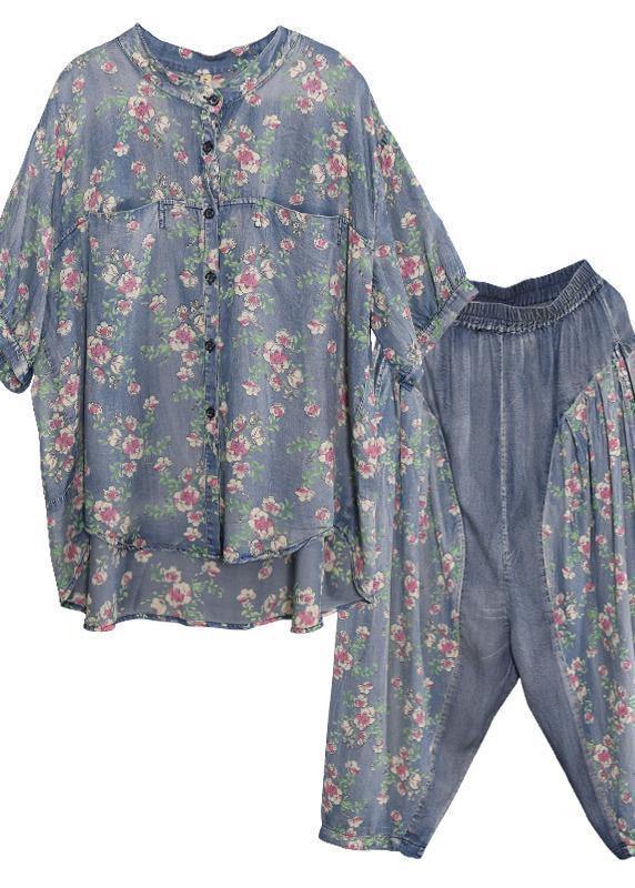 new loose small floral Cinched tops denim two pieces - bagstylebliss