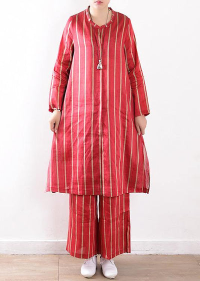 new striped red silk linen long shirt and elastic waist pants - bagstylebliss