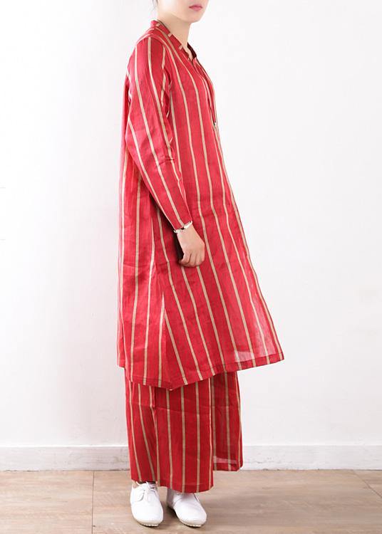 new striped red silk linen long shirt and elastic waist pants - bagstylebliss