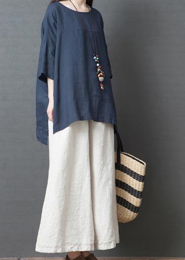 new summer navy o neck cotton tops and white wide leg pants - bagstylebliss