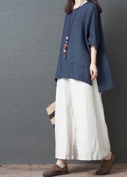 new summer navy o neck cotton tops and white wide leg pants - bagstylebliss