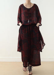 new women chiffon two pieces red prints o neck vintage tops and wide leg pants - bagstylebliss