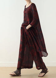 new women chiffon two pieces red prints o neck vintage tops and wide leg pants - bagstylebliss
