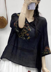 oose Black V Neck Embroidered Patchwork Linen Top Half Sleeve