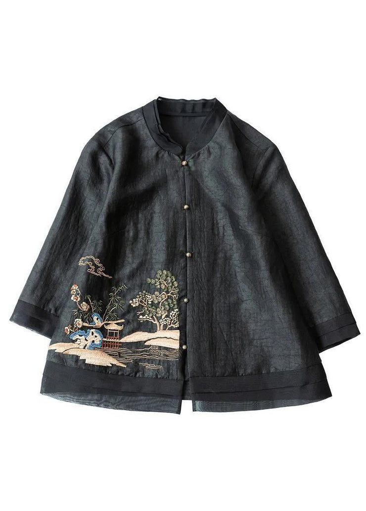 original design Black Stand Collar Embroidered Patchwork Silk Top Half Sleeve