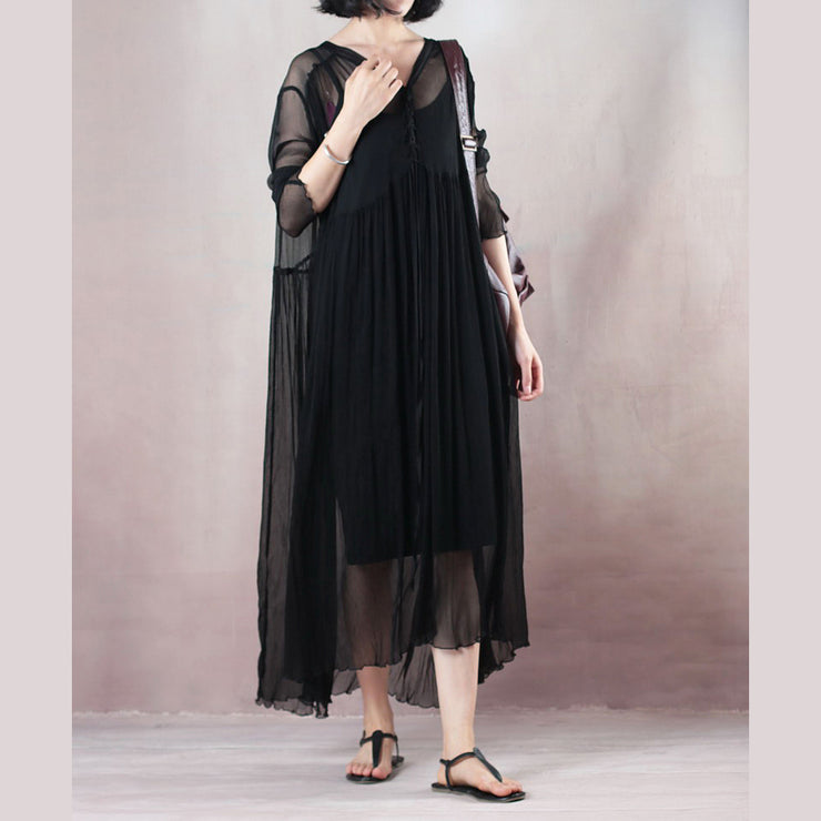 original designed black summer dress V neck long sleeve length dress baggy dresses summer dress