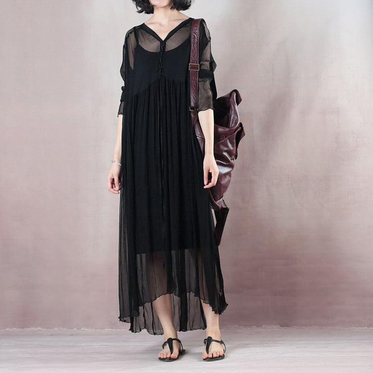 original designed black summer dress V neck long sleeve length dress baggy dresses summer dress