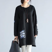 oversize casual autumn black cotton dresses loose prints long sleeve dress