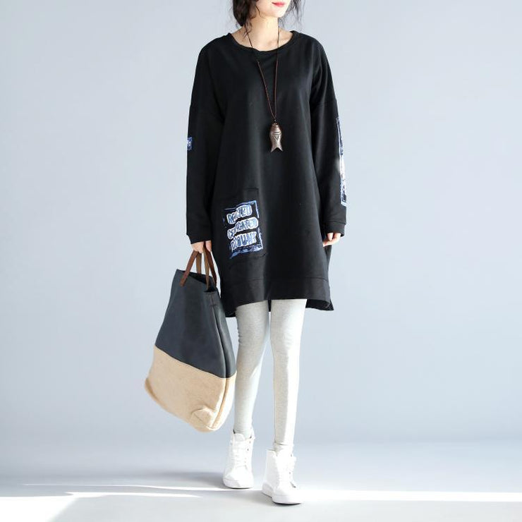 oversize casual autumn black cotton dresses loose prints long sleeve dress