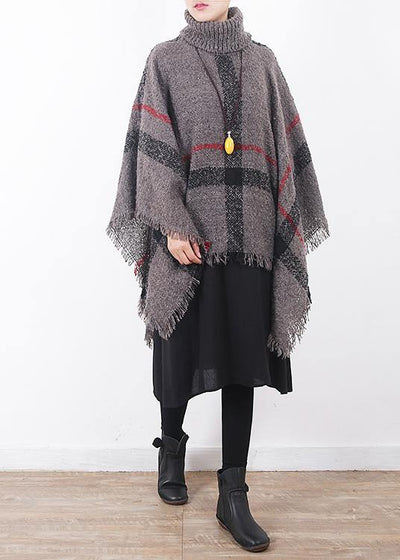 oversize dark gray tassel high neck sweater plaid women casual cloak - bagstylebliss