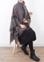 oversize dark gray tassel high neck sweater plaid women casual cloak - bagstylebliss