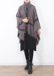 oversize dark gray tassel high neck sweater plaid women casual cloak - bagstylebliss