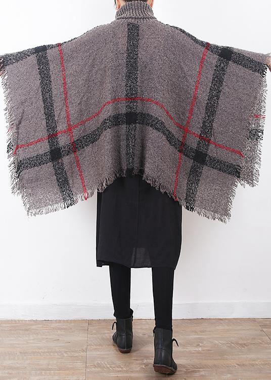 oversize dark gray tassel high neck sweater plaid women casual cloak - bagstylebliss