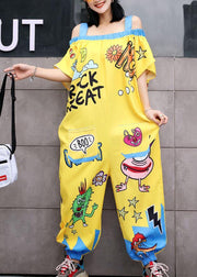 oversize summer women cotton Slash neck jumpsuit pants casual prints short sleeve jumppsuit pants - bagstylebliss