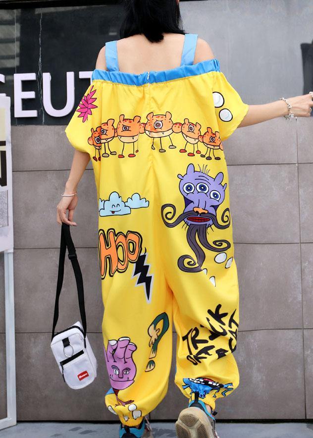 oversize summer women cotton Slash neck jumpsuit pants casual prints short sleeve jumppsuit pants - bagstylebliss