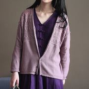 pink vintage cotton sweater cardigans long sleeve baggy v neck knit short cardigan outwear