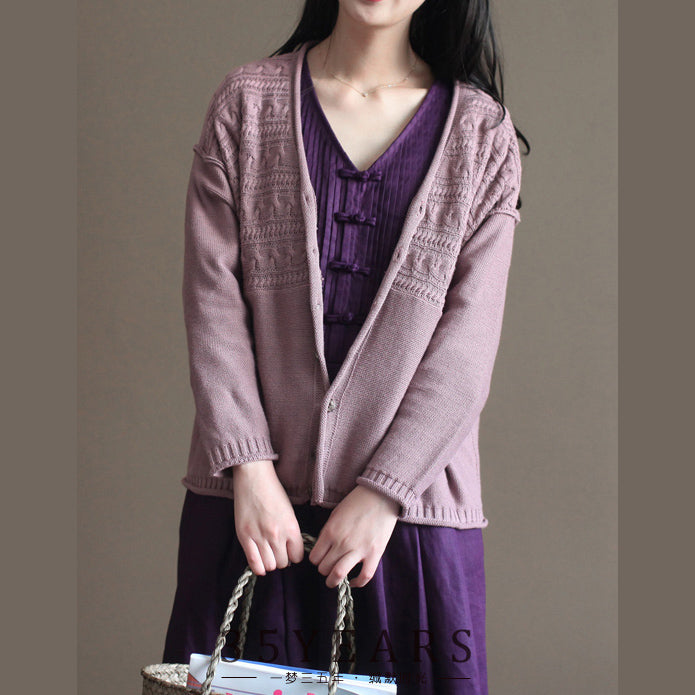 pink vintage cotton sweater cardigans long sleeve baggy v neck knit short cardigan outwear