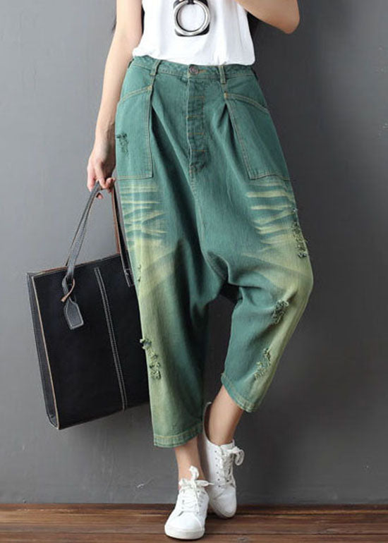 plus size Green Pockets hole harem Pants Spring