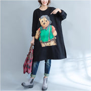 plus size casual black cartoon print cotton dresses long sleeve mid long t pullover