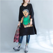 plus size casual black cartoon print cotton dresses long sleeve mid long t pullover