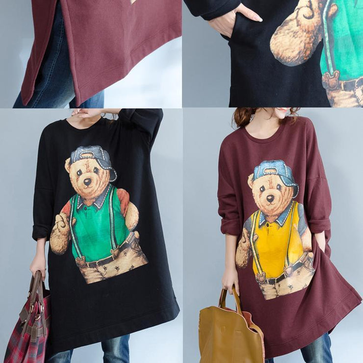 plus size casual black cartoon print cotton dresses long sleeve mid long t pullover