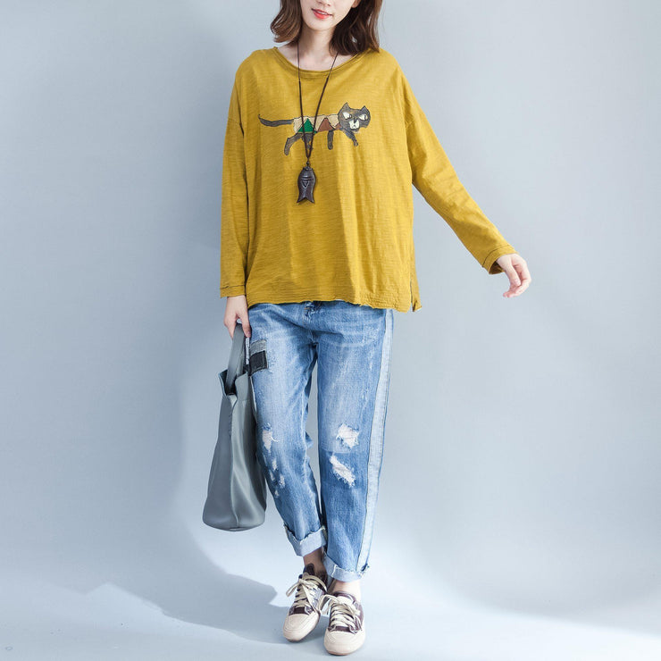 plus size casual cotton  t shirt yellow cozy autumn outfit