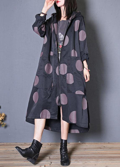 plus size fall coat black dotted hooded pockets Coat Women - bagstylebliss