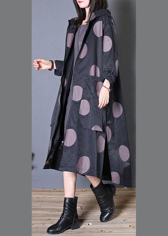 plus size fall coat black dotted hooded pockets Coat Women - bagstylebliss