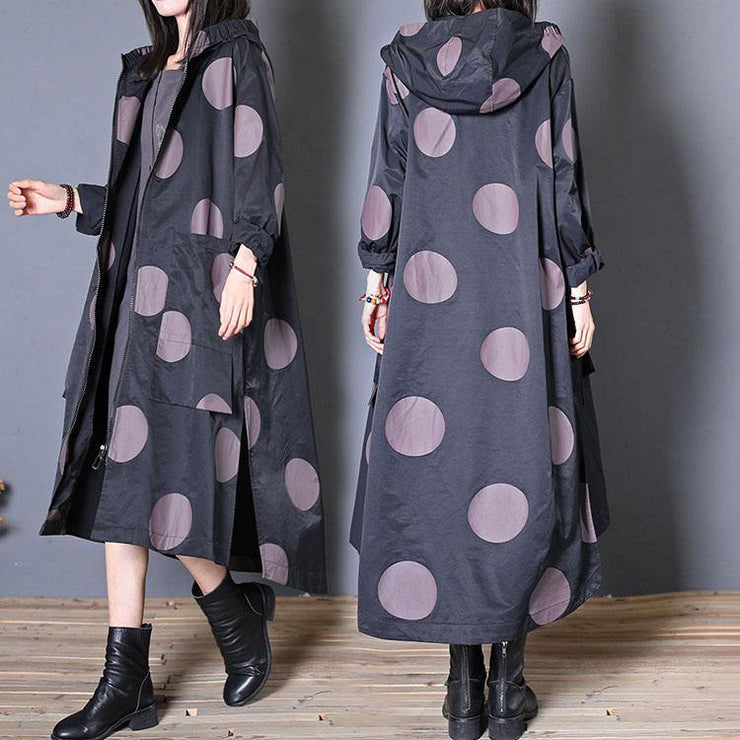 plus size fall coat black dotted hooded pockets Coat Women - bagstylebliss