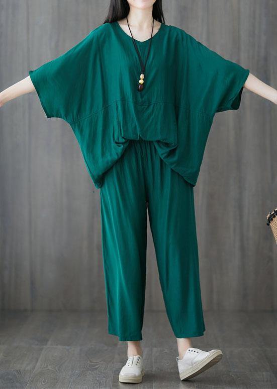 plus size green two pieces batwing sleeve tops and elastic waist pants - bagstylebliss