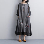 plus size sundress fashion Ethnic casual Embroidery Three Quarter Sleeve Black women Dress