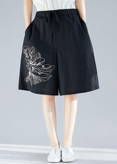 plus size women black cotton blended embroidery shorts - bagstylebliss