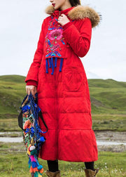 red duck down coat oversize embroidery womens parka hooded New coats - bagstylebliss