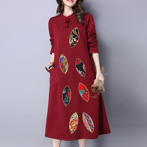 red embroidery vintage cotton women dresses plus size long sleeve maxi warm dress