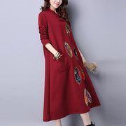 red embroidery vintage cotton women dresses plus size long sleeve maxi warm dress