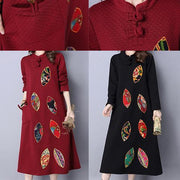 red embroidery vintage cotton women dresses plus size long sleeve maxi warm dress