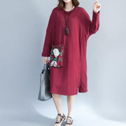 red fashion back prints cotton casual dresses plus size large pockets prints thick shift dress